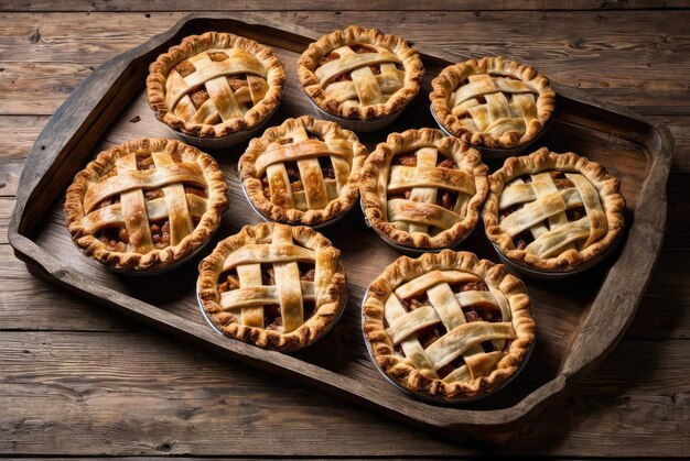 Foto un vassoio di torte di mele calde appoggiato su un rustico tavolo di legno