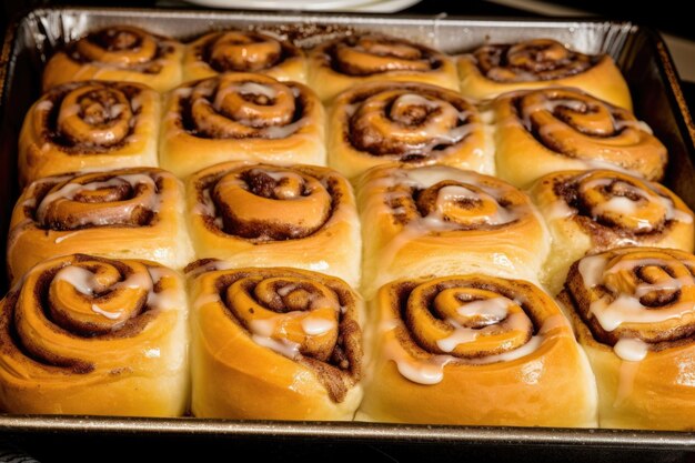 Tray of warm gooey and delicious cinnamon rolls ready to be devoured created with generative ai