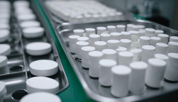 A tray of white capsules in a factory