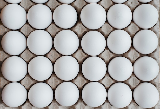 Photo tray of white fresh eggs close-up on a cardboard form. agricultural industry