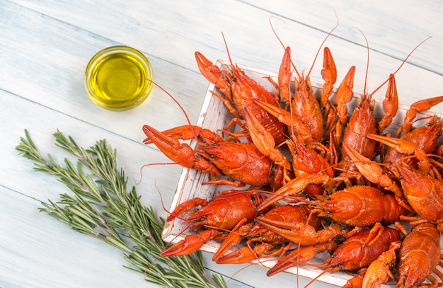 Tray with boiled crayfish