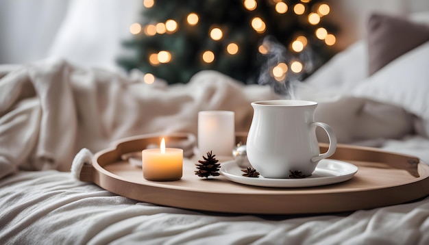 a tray with a candle and a cup of coffee on it