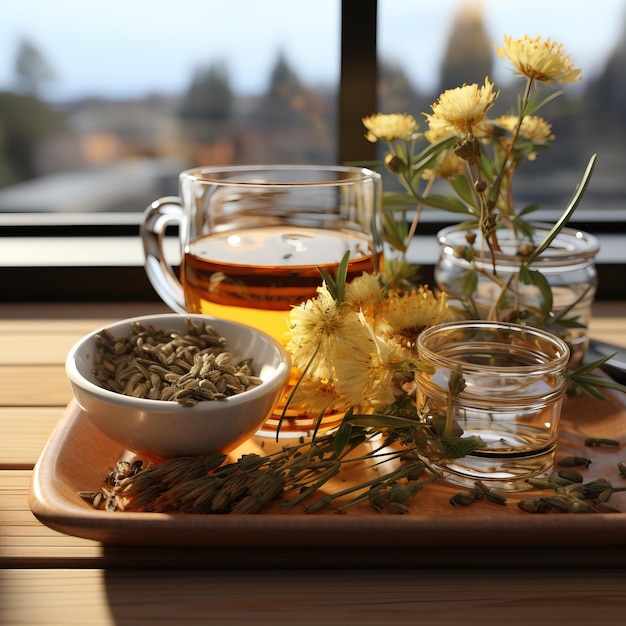 Foto un vassoio con una tazza di tè e dei fiori