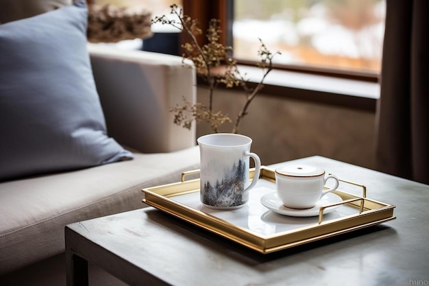 a tray with a cup of tea and a tray of cups on it