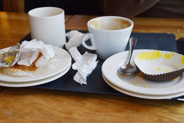 A tray with dirty dishes and cups and napkins on it.