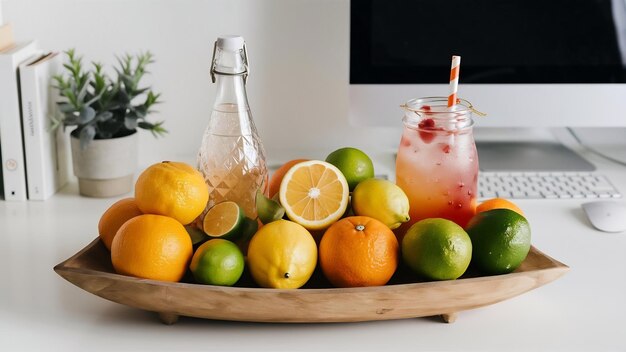 책상 위 에 과일 이 있는 음료 가 있는 트레이
