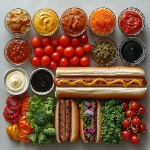 Tray With Hot Dogs Tomatoes Ketchup and Mustard