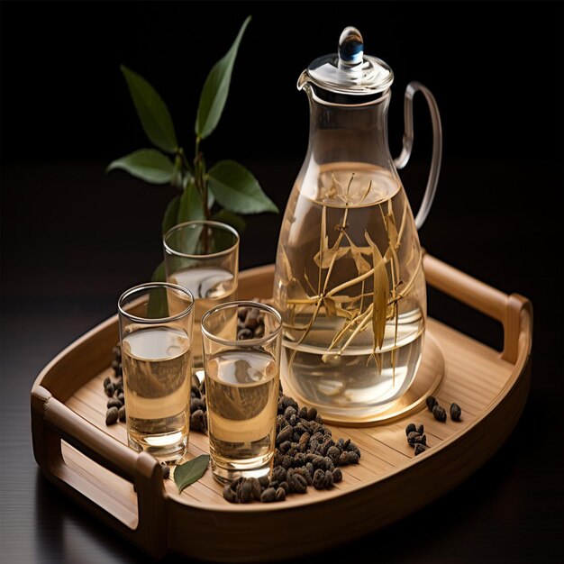 Photo a tray with a jug of water and a glass of water and a plant