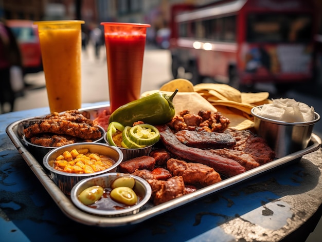 A tray with Mexican street food on Mexico Street National cuisine closeup bokeh in the background