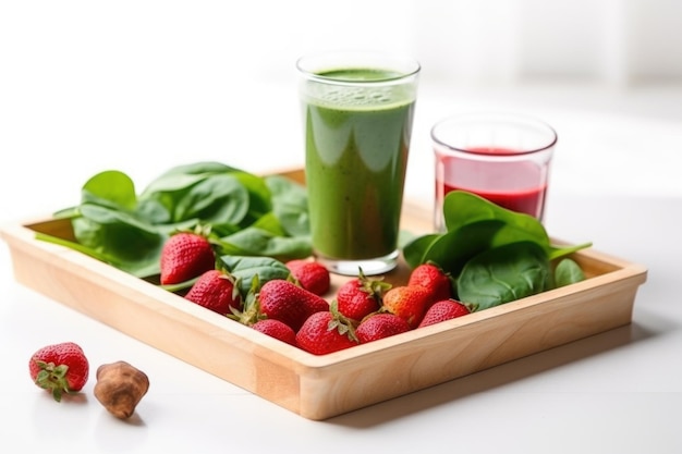 Tray with a smoothie scattered spinach and strawberries