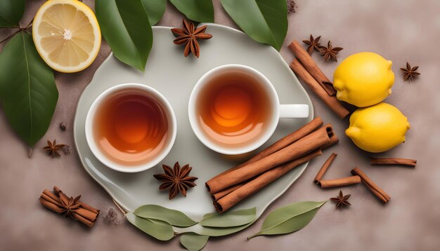 a tray with tea and cinnamon sticks on it and a plate with a cup of tea and cinnamon sticks