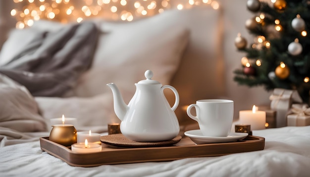 a tray with teapots and tea set on a bed with a christmas tree in the background