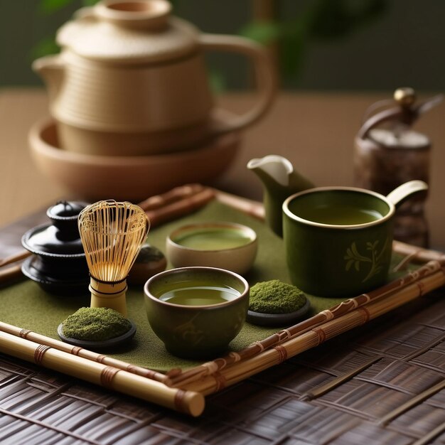 a tray with teapots and teapots on it