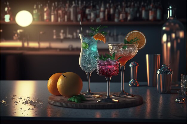 a tray with three glasses of cocktails and an orange on it.