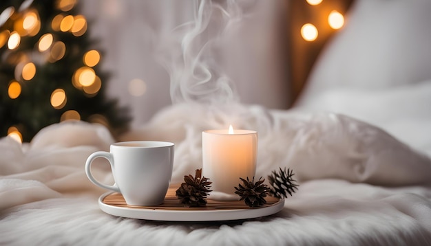 a tray with two cups and a candle on it