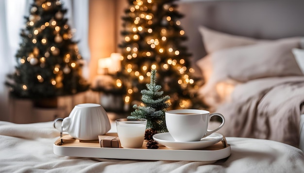 a tray with two cups and a cup of coffee on it