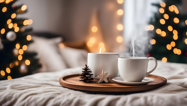 a tray with two cups and a cup of tea on it