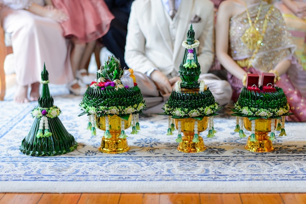 Trays of gifts from groom to bride's family, Khan Mak procession Thai wedding engagement