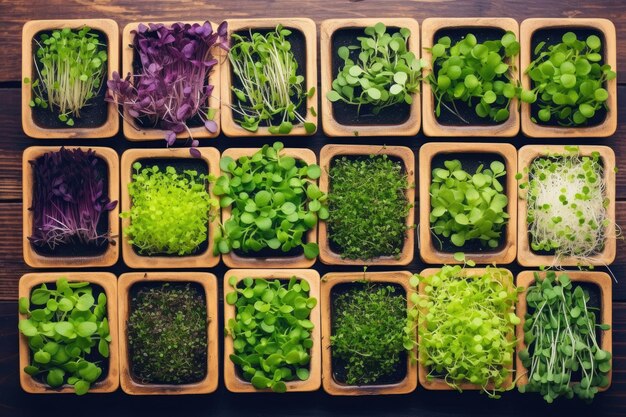 Trays with various microgreens standing on wooden table top view Generative AI