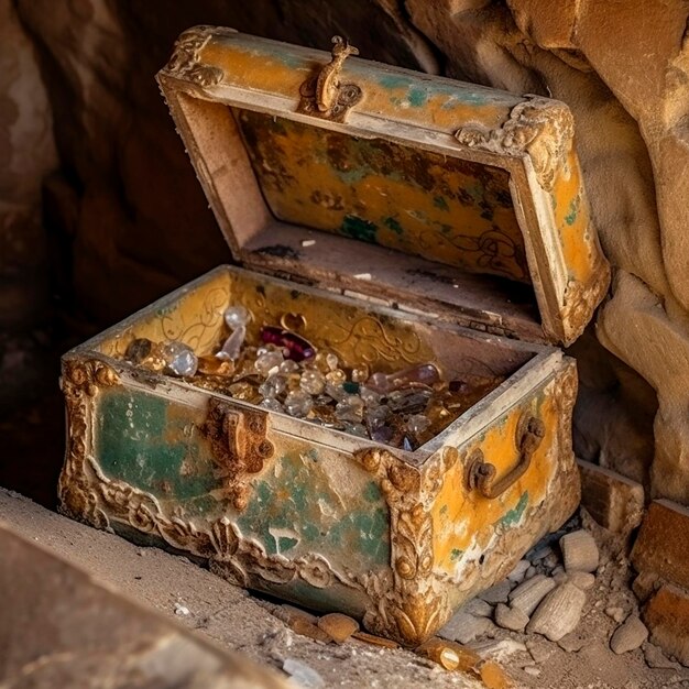 Treasure antique retro chest with jewelry gold and coins in an old wall luck wealth unique find