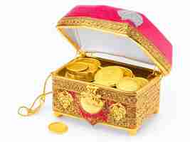 Photo treasure box with coin jwellery dimond white background image downloaded