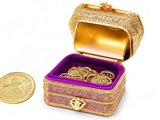 Photo treasure box with coin jwellery dimond white background image downloaded