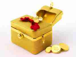 Photo treasure box with coin jwellery dimond white background image downloaded