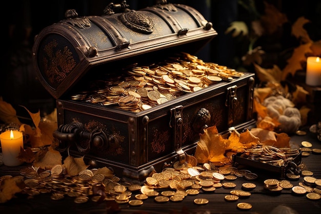 Treasure cave with golden coins in chest and wooden barrel