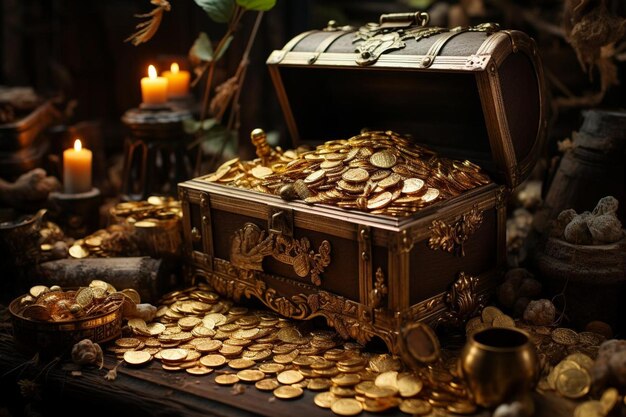 Treasure cave with golden coins in chest and wooden barrel