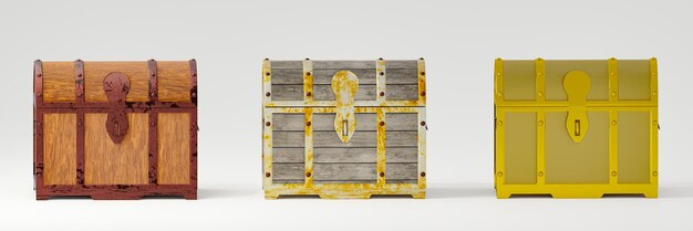 Photo treasure chest or antique treasure box 3 patterns wood pattern plank pattern rustproof metal and clean golden pattern white background and wallpaper 3d rendering