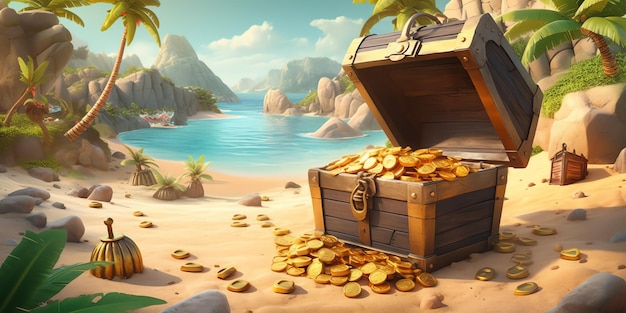 A treasure chest on a beach with palm trees in the background.