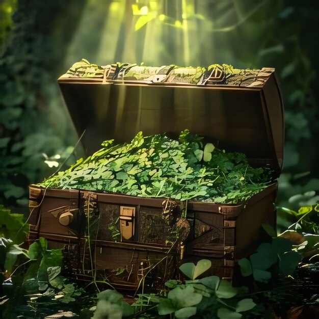 Treasure chest full of green clovers and coins In the middle of a wild forest Green fourleaf clover symbol of St Patricks Day