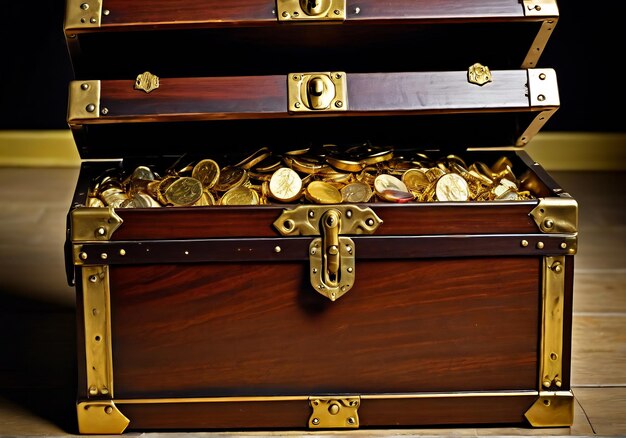 写真 treasure chest in the cave with gold background