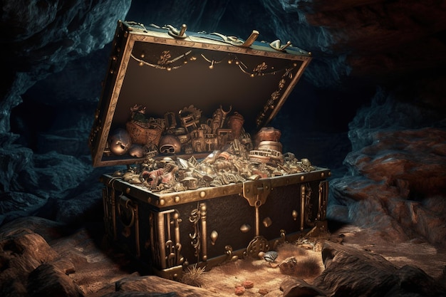 A treasure chest is open to a cave.