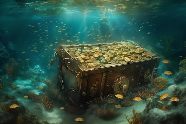 A treasure chest is under the water with many fish.