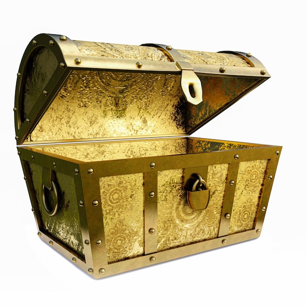 Treasure chest made of gold Antique chest made of wood and metal painted gold Antique padlock locks the treasure chest on a white background 3D rendering