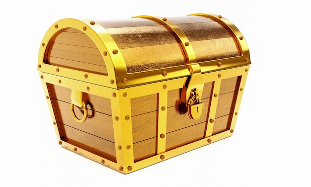 Photo treasure chest made of gold antique chest made of wood and metal painted gold antique padlock locks the treasure chest on a white background 3d rendering