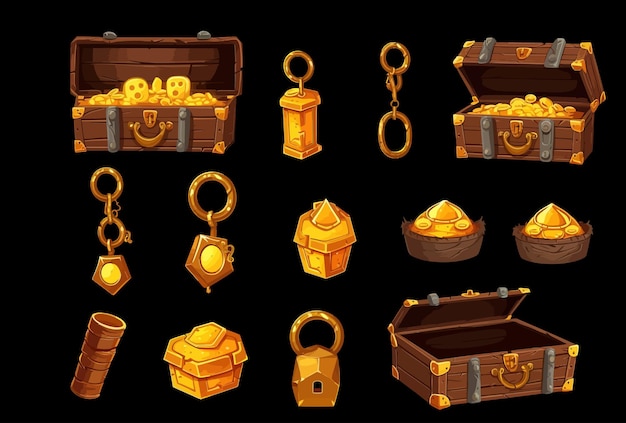 Photo treasure chest open with gold coins locked with chain and padlock and keyisolated on background cartoon vector illustration