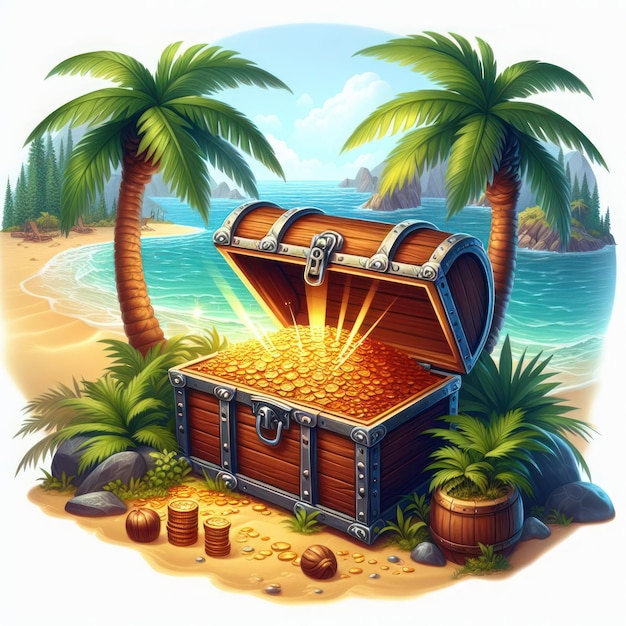 A treasure chest among the palm trees on the island