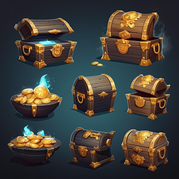 Treasure chest set cartoon vector illustration isolated on dark background