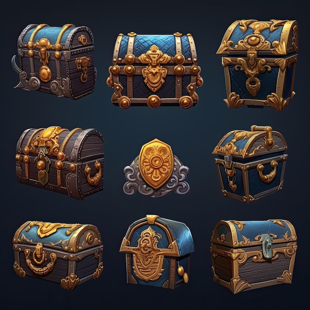 Treasure chest set cartoon vector illustration isolated on dark background