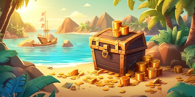 A treasure chest sits on a beach next to a palm tree.