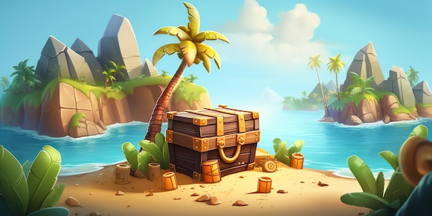 A treasure chest sits on a beach with palm trees in the background.