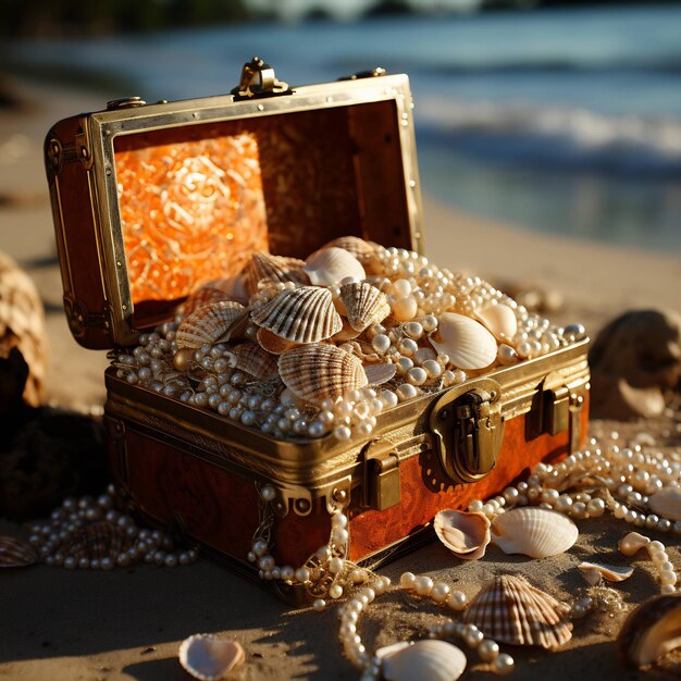 a treasure chest sits on a beach with shells and shells