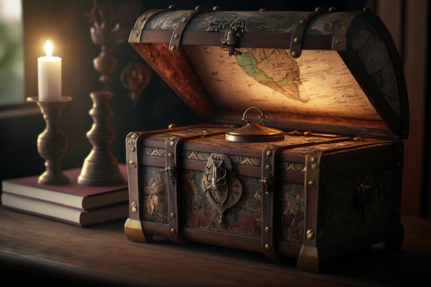 A treasure chest sits on a table with a lamp behind it.