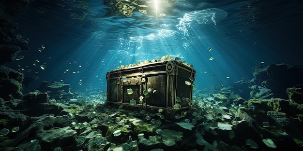 Photo a treasure chest sits in the water surrounded by corals