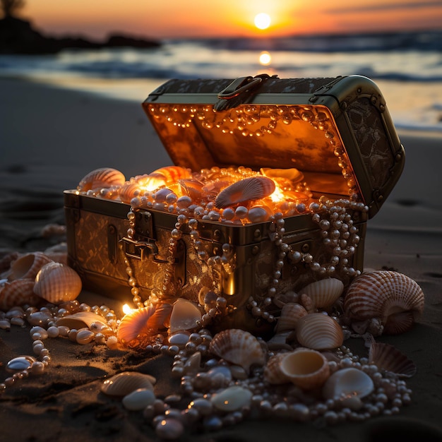 a treasure chest with a candle and shells on the beach at sunset