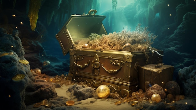 Foto un baule del tesoro con oro e blu sott'acqua