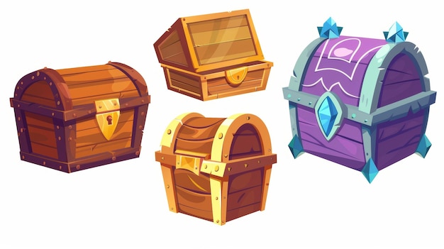 A treasure chest with gold coins gemstones or crystals A trophy trunk a game level reward A pirate loot asset a fantasy asset and gui elements