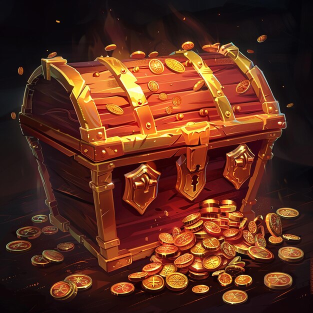 a treasure chest with gold coins and a gold bow